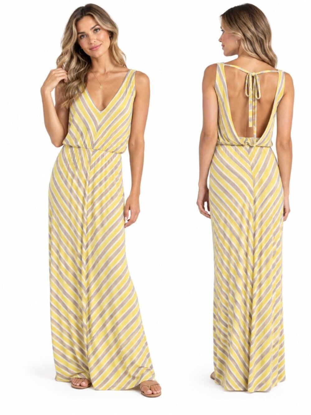 Ella Moss Womens M Yellow Striped Maxi Dress Open Back Tie Rayon Stretch